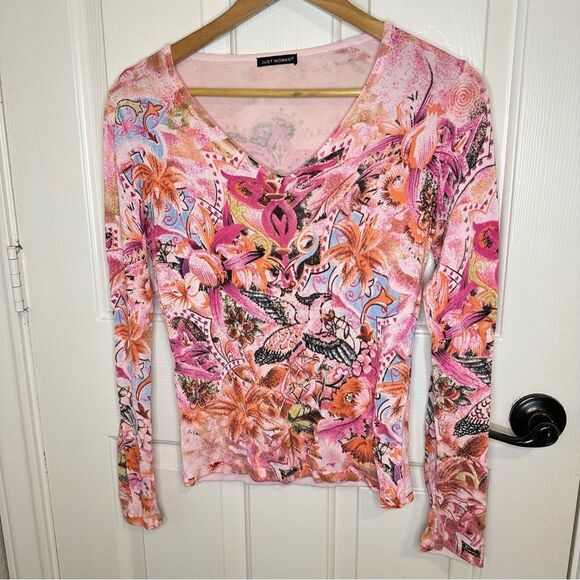 Y2K Just Woman Pink Multicolor Bird Floral Printed Beaded Long Sleeve Blouse - Picture 1 of 8